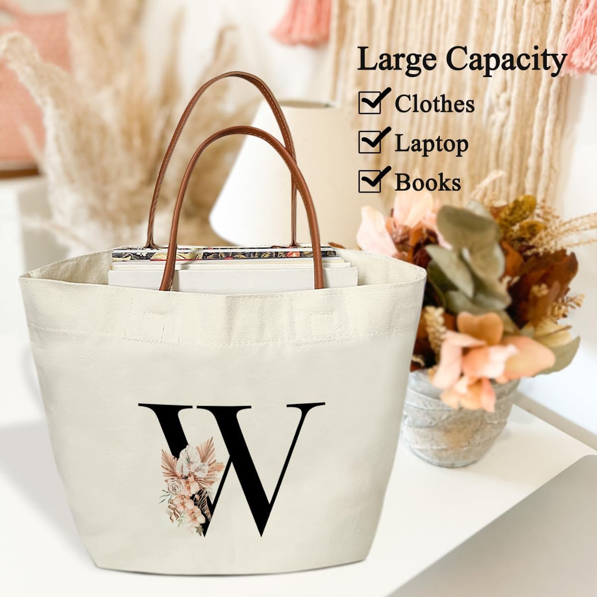 Boho Monogram Initial W Tote Bags for Women, Personalized Canvas Tote Bags Monogrammed Gifts for Women Birthday Wedding Gifts for Mom Sister Teacher Friend Bridesmaid, Beach Bag Shopping Handbag -ZM21 - Image 5