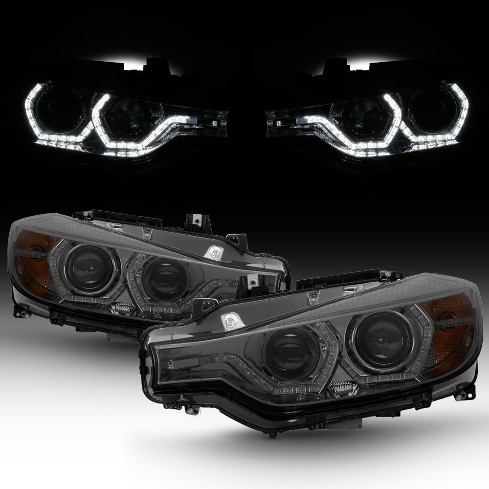 AKKON - For BMW F30 3-Series 4 Doors Sedan Smoked Lens Factory Halogen Type Dual U-Halo Ring LED Projector Headlights