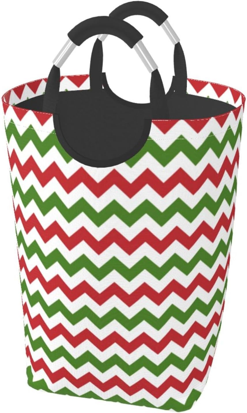 Large Laundry Basket, Dark Red, Green and White Chevron Laundry Hamper Bag Collapsible Washing Bin With Handles for College Dorm, Family Essentials Storage