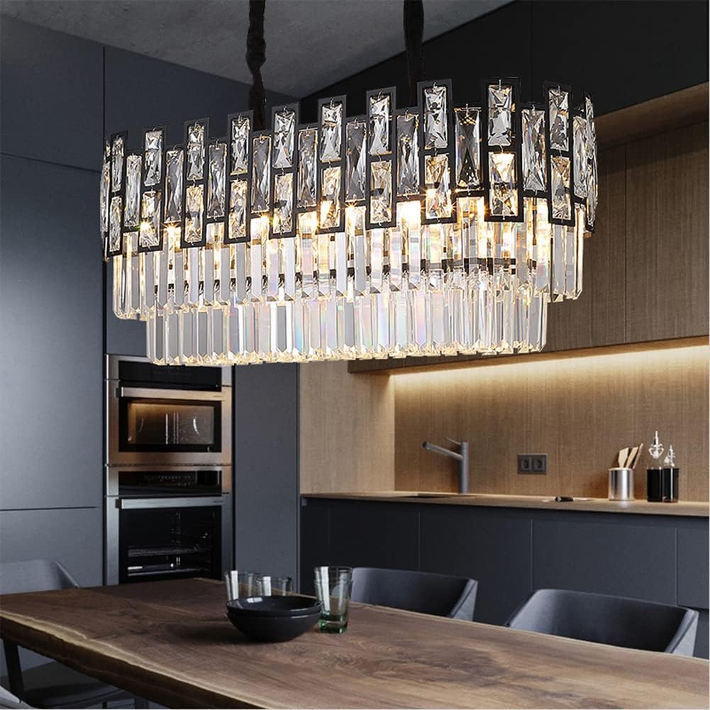 Modern Rectangular Crystal Chandelier 35.4'' Black Pendant Light Fixture with 2 Tier Crystal Adjustable Chain Linear Ceiling Hanging Lamp for Kitchen Island Dining Room 12 Light
