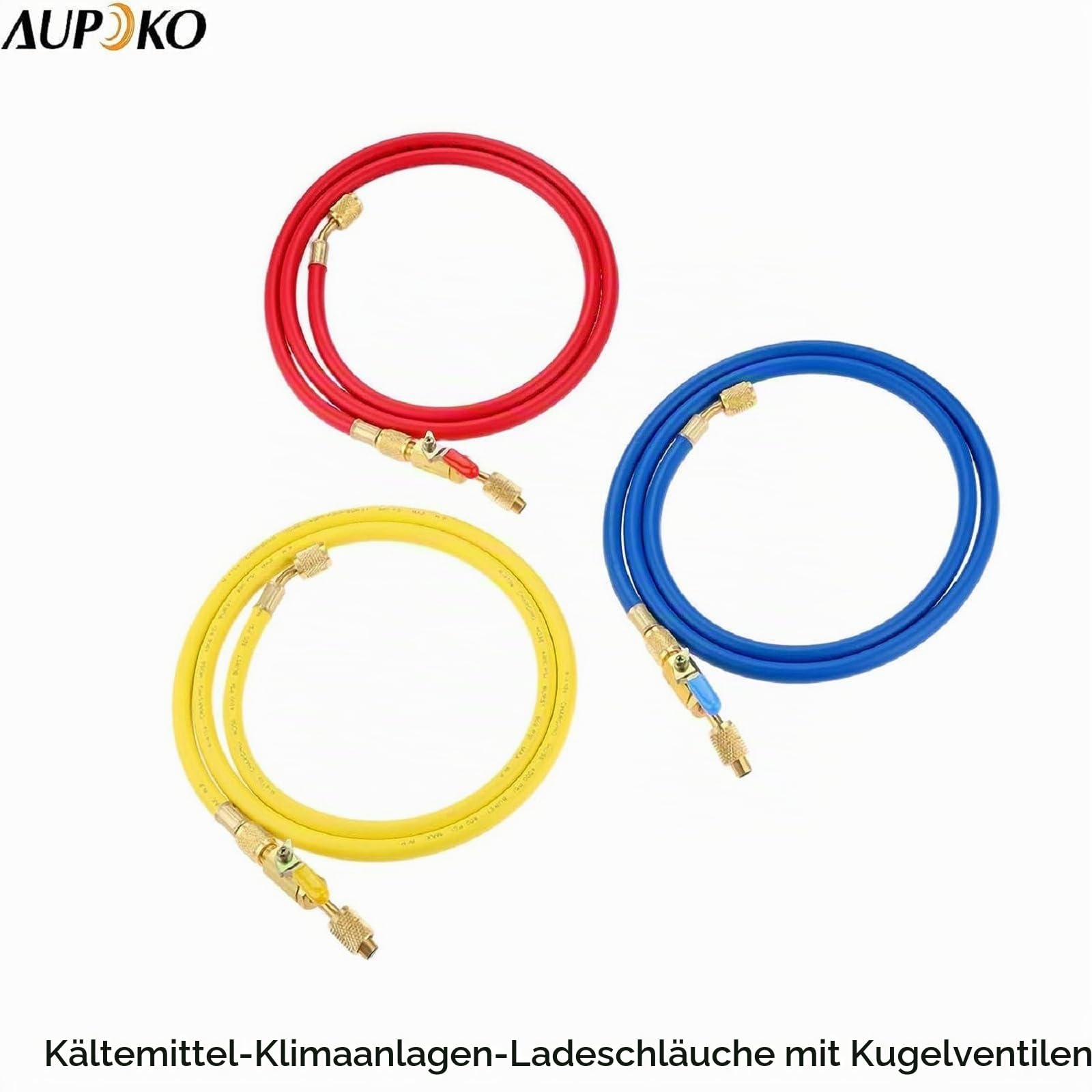 Aupoko Kältemittel-Klimaanlagen-Ladeschläuche mit Kugelventilen, 3-Farben 60" R410A HVAC 1/4" SAE 800 PSI Arbeitsdruck, passend für R134A R12 R22 R502 R404 Kühlmittelzugabe und Klimaanlagenwartung