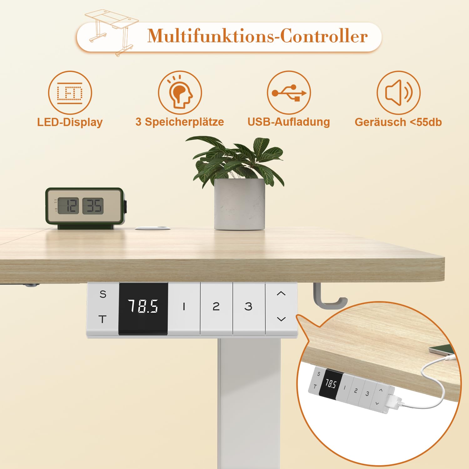 JUMMICO Elektrisch Höhenverstellbarer Schreibtisch 140x80 cm mit Ladestation, Höhenverstellbarer Computertisch mit Kabelmanagement, Ergonomischer Sitz-Steh-Schreibtisch Höhenverstellbarer Tisch, Beige