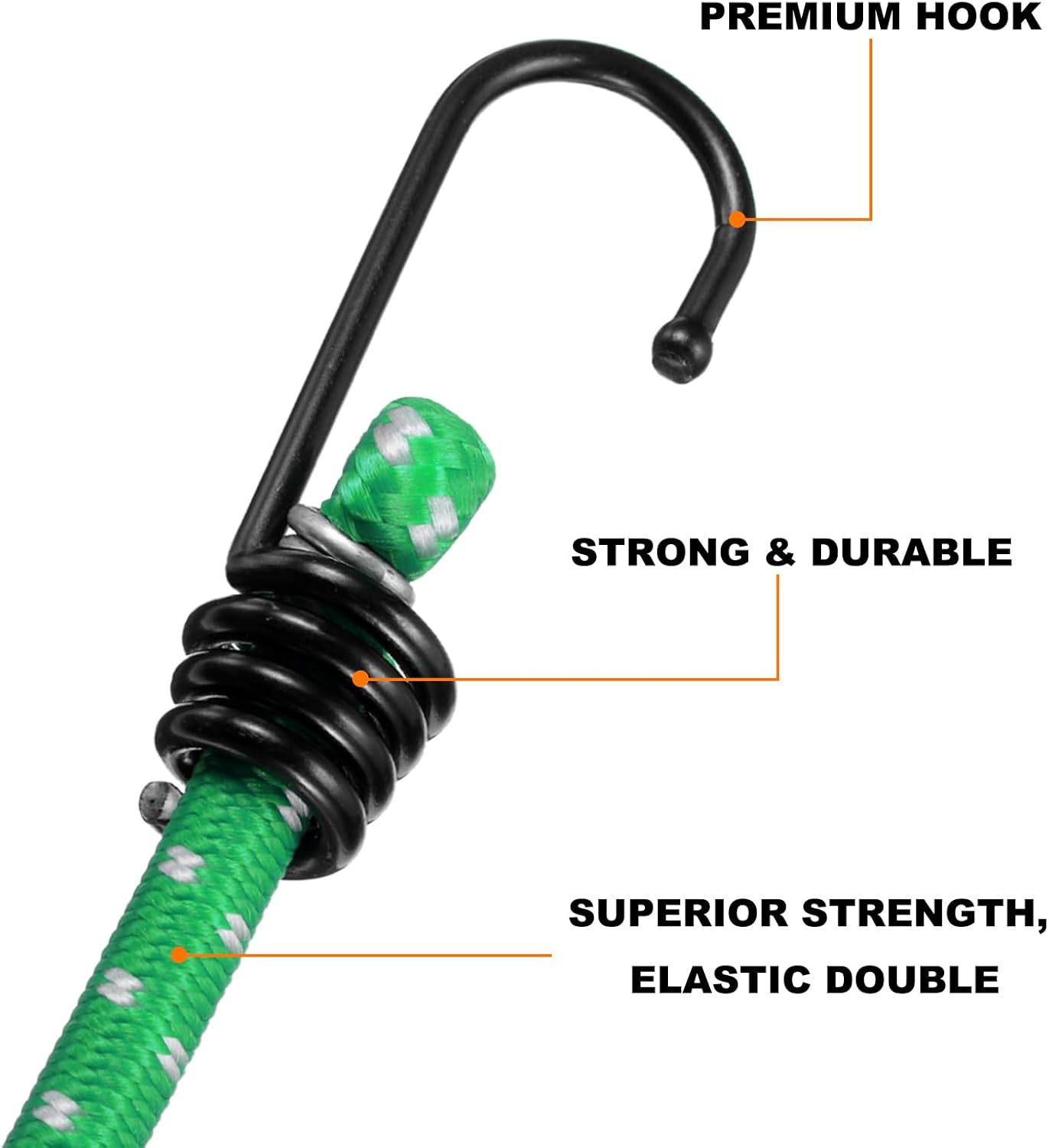 Generic 4Pcs Bungee Cord with Hooks 16" Rubber Bungee Cords Heavy Duty Tie Down Straps with Metal Hooks for Cars Outdoor Camping Straps, Green
