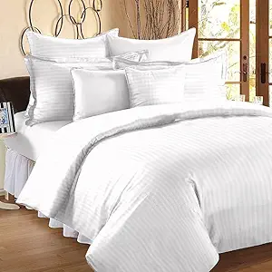 Salemate 100% Soft Cotton Lining/Striped Plain Double Bedsheet with 2 Matching Pillow Covers | King Size 108x108 Inch Bed Sheet White