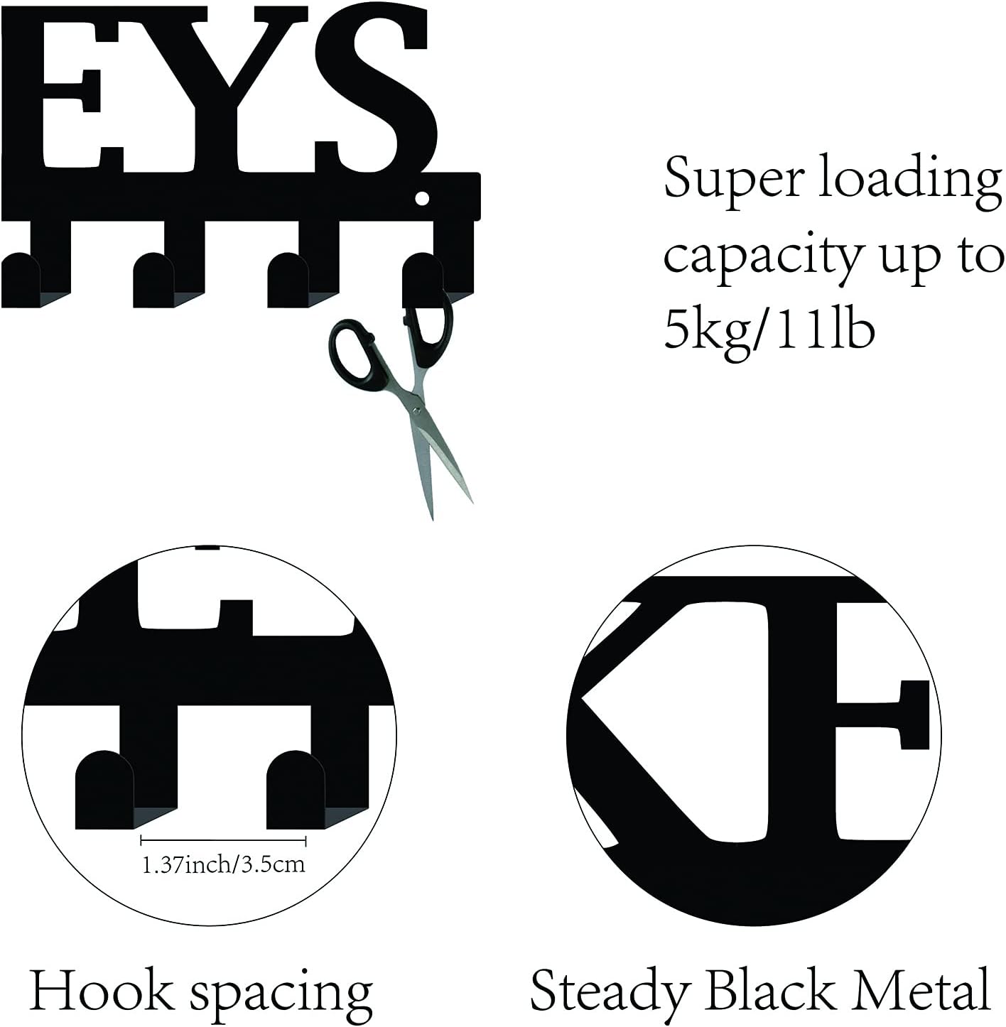 CREATCABIN Metal Key Holder Black Key Hooks Wall Mount Hanger Decor Iron Hanging Organizer Decorative with 6 Hooks Keys Letter Pattern for Front Door Entryway Cabinet Towel 10.6 x 4.3 x 1.5 inches
