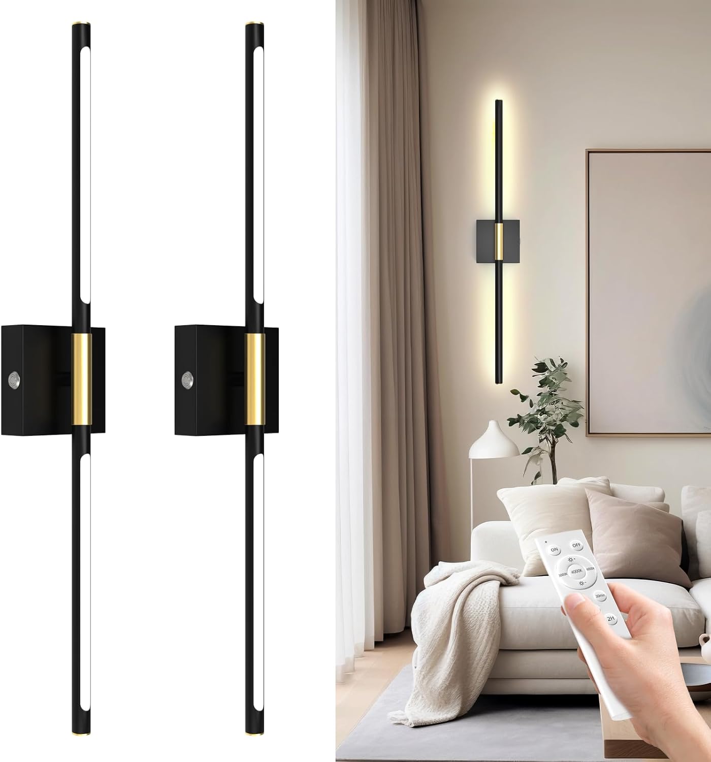 Battery Operated Wall Sconces Set of 2 Rechargeable LED Wall Lights, Dimmable 3000K-6500K, Battery Sconces Wall Decor for Bedroom Living Room Hallwayated Wall Sconce （2 Pack）