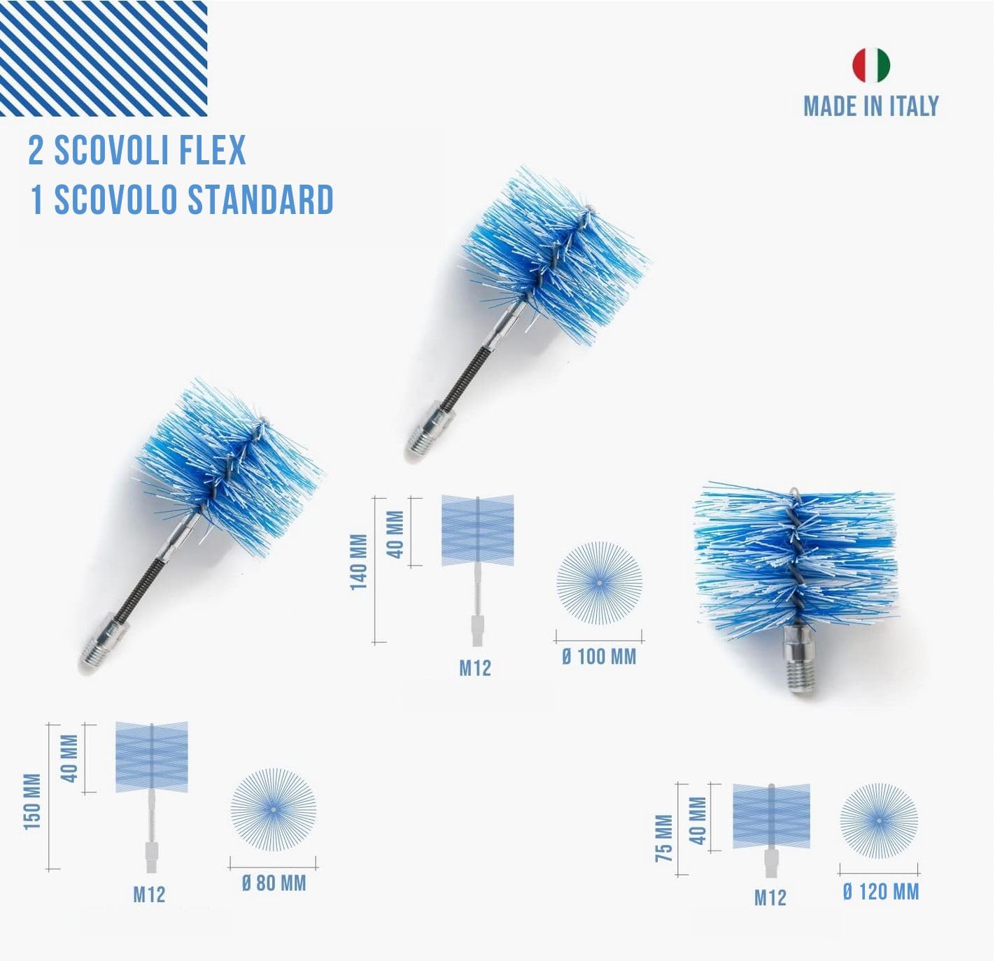 BARETTO PRO | Kit Pulizia Stufa a Pellet | Canna Fumaria Ø 80 + 100 + 120 mm | Lunghezza 9 m Premium | 2 Spazzole Articolate + 1 Standard | Attacco M12