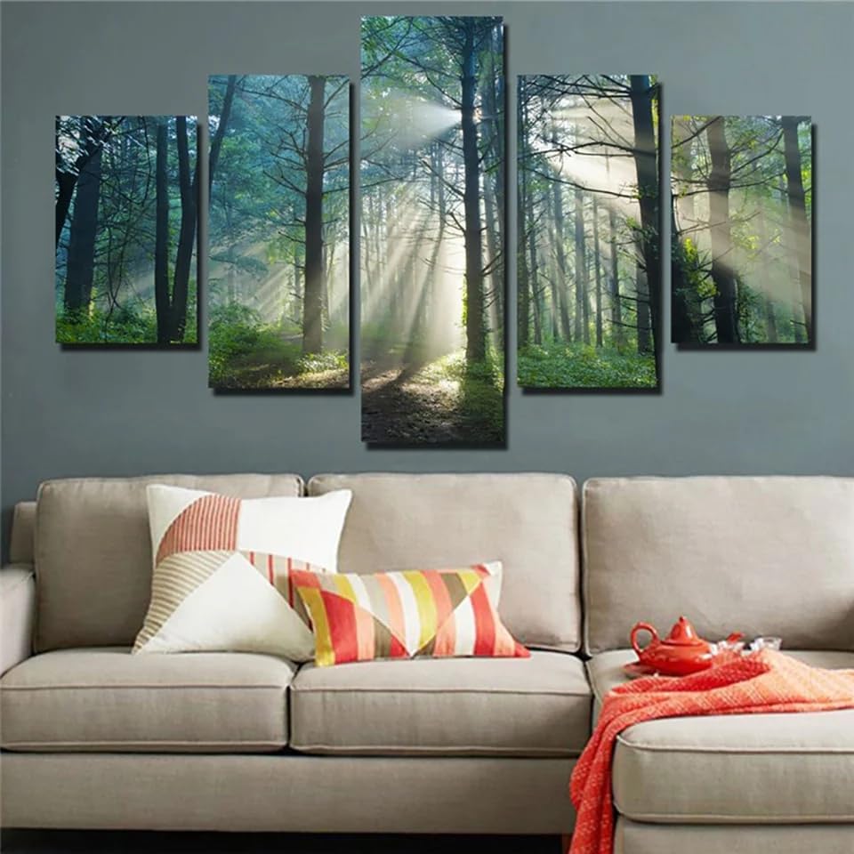 Tableau de décoration murale en 5 parties forêt au lever du soleil pour salon