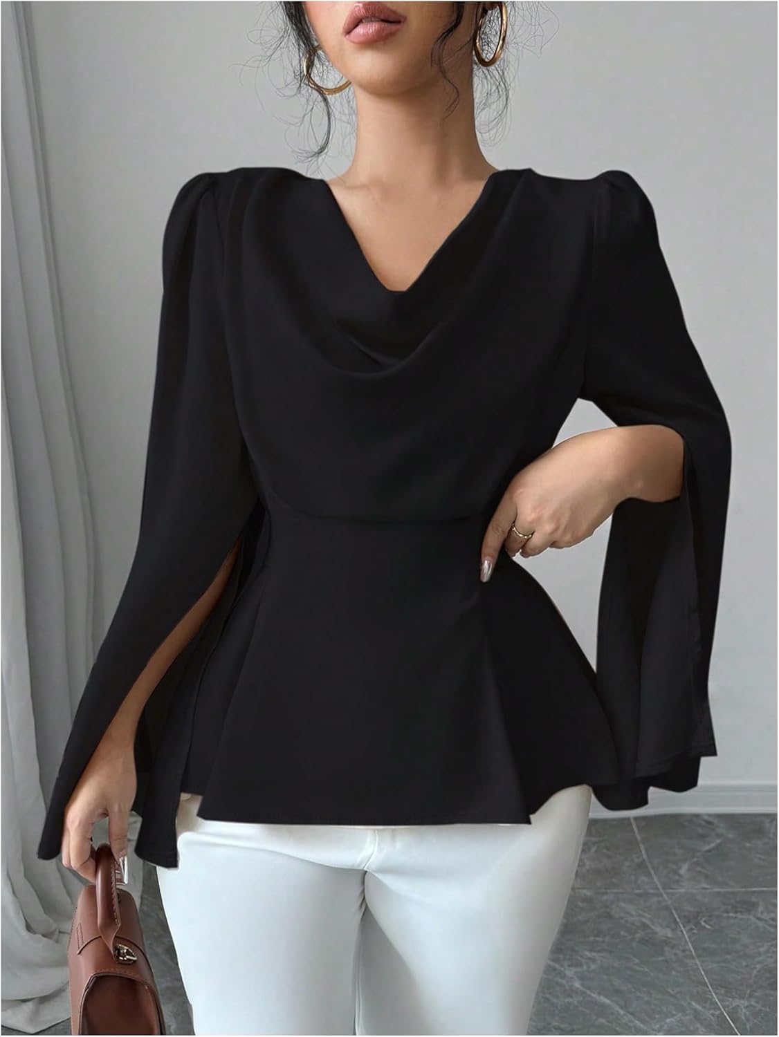 OYOANGLE Women's Satin Cowl Neck Split Long Sleeve Blouse Elegant Peplum Tops Dressy Casual Shirt - Image 3