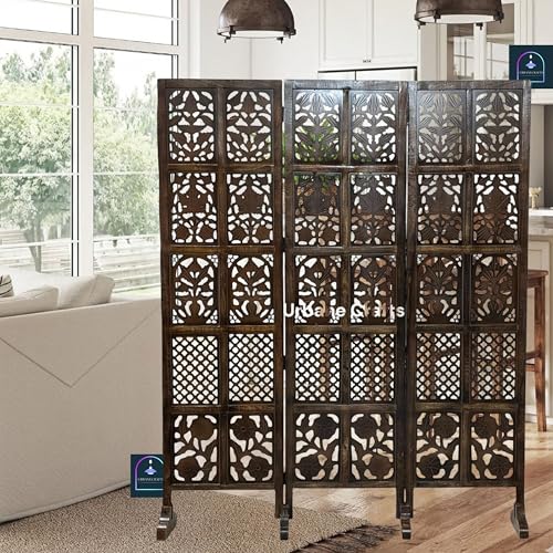 Image of Wooden Room Partition /Screen /Room Divider /Room Separator Burnt Wood Finish (Hand Buffing) Frame Traditional Handicrafts 6Ft Height (3 Panel with Stands)