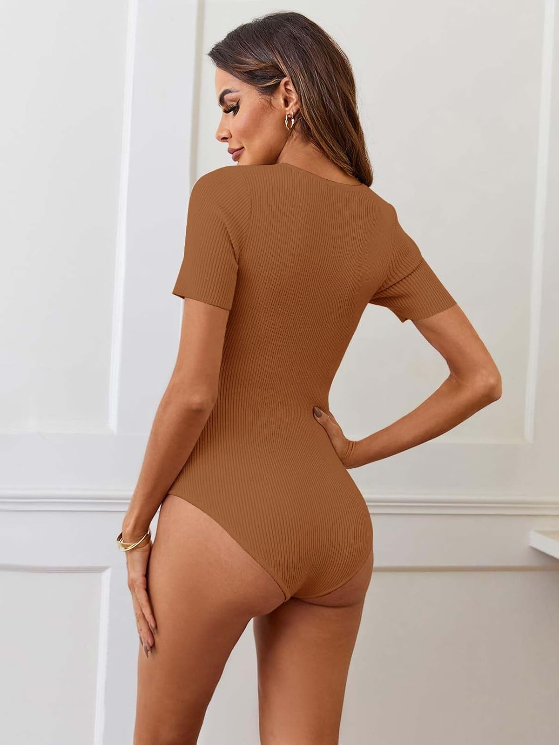 MEROKEETY Women's Short Sleeve Crewneck Bodysuits Summer Ribbed Knit Tops Slim Fit Body Suit - Image 3