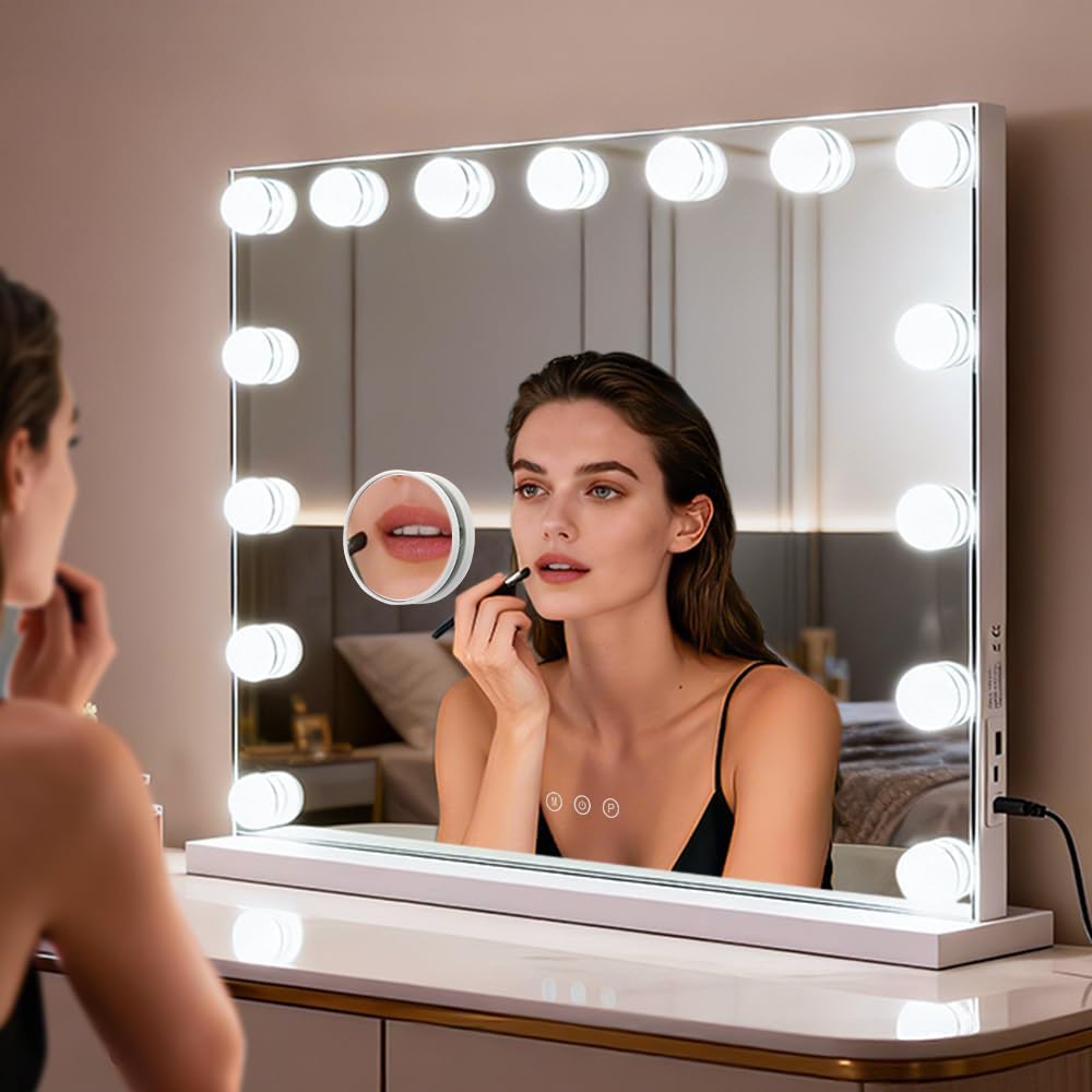 M MIVONDA Hollywood Vanity Mirror with Dimmable 15LED Bulbs Lights 3 Lighting Modes 2in1 Large Lighted Makeup Mirror for Desk and Wall with Plug-in and USB Charger Port