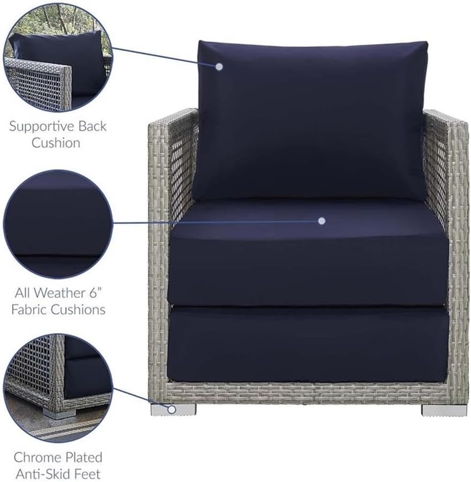 Pemberly Row Patio Armchair, 32"H x 32"W x 27.5"D, Gray/Navy Rattan & Fabric, Powder-Coated Aluminum Frame, All-Weather Cushions, Fade & UV Resistant, Outdoor Seating for Backyard, Poolside, or Patio