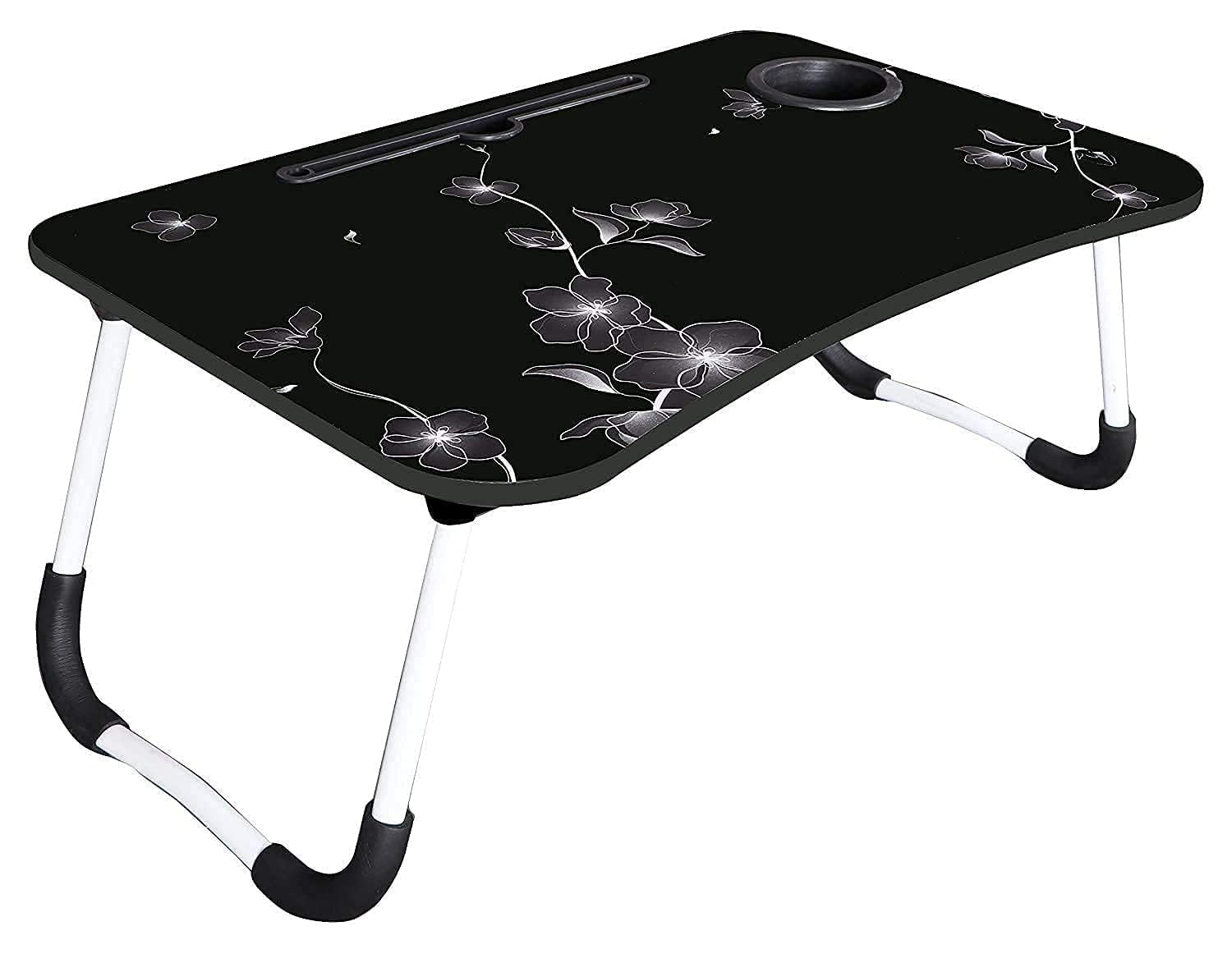 AUNO Stylish Multi-Purpose Portable Laptop Table, Foldable Wooden Desk for Bed Tray, Laptop Table, Study Table with Mug Holder, Ergonomic, Non-Slip Legs in Bed Table (Black FLOWERRR)-image-14