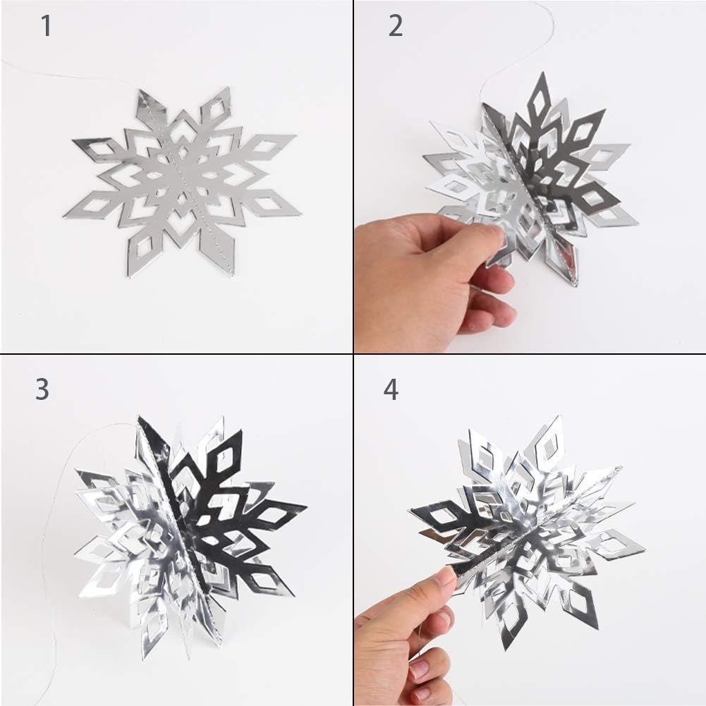 CCINEE 12 Pieces 3D Snowflake Hanging Garland with String for Christmas Winter Wonderland Decorations,Silver