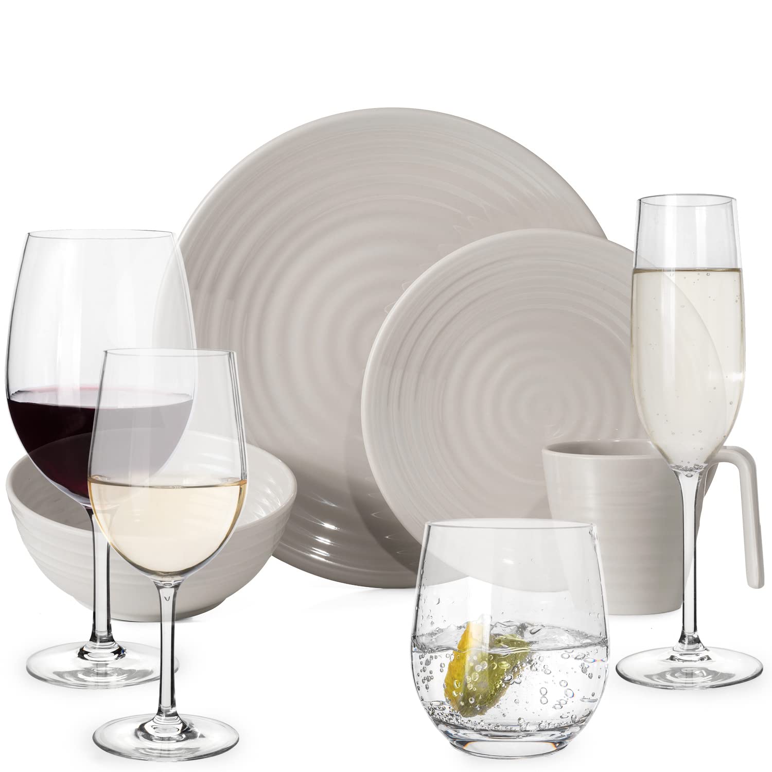 Juego de vajilla de melamina para camping para 4 personas, café, 16 piezas + 16 vasos Tiamo, vasos de agua, copas de vino, copas de champán, platos, picnic, barbacoa, utensilios de cocina