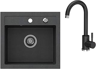 VBChome Sink Black 50 x 47 cm with Tap Sink Mixer Tap Washing Up Liquid Dispenser Sink Single Basin Built-in Sink Kitchen Sink Granite Speckled Siphon Tap Single Lever