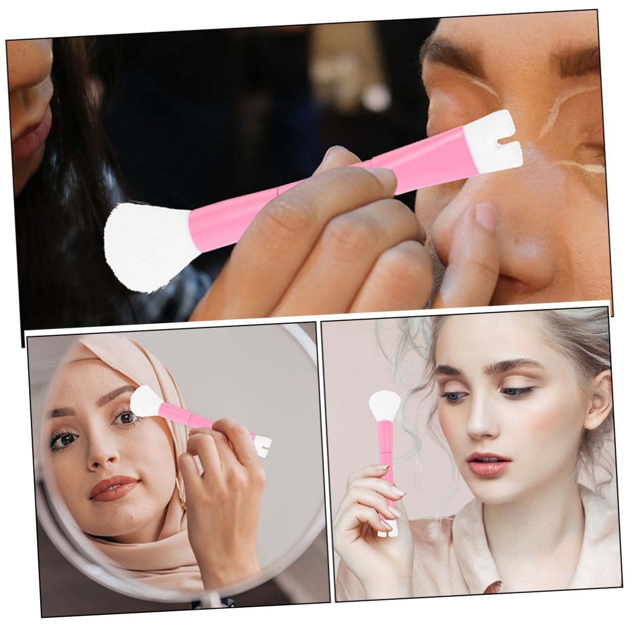2pcs Dual-ended U-shaped Nose Contour and Powder Brush for Women, Portable Pink Makeup Brush Set with Highlighter and Concealer Applicator, for Precision Face Contouring and Travel