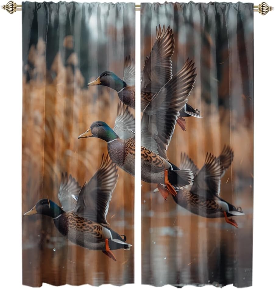 Rustic Autumn Hunting Theme Ducks Blackout Curtains for Bedroom Watercolor Fall Forest Wildlife Mallard Duck Heat Insulating Blackout Curtains for Living Rroom 2 Panels 45" L x 21" W