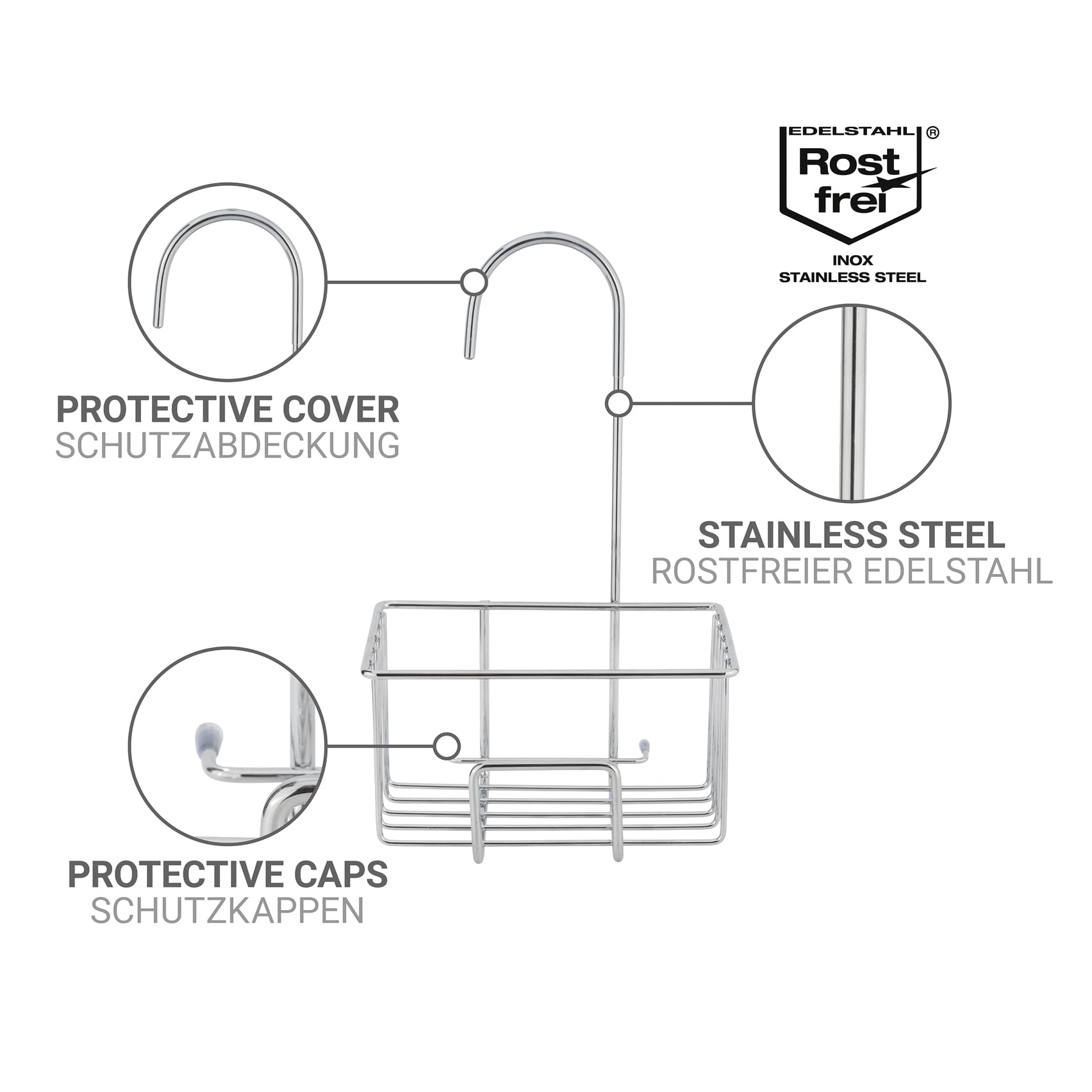 Wenko Portaoggetti per Doccia MOD. Milito in Acciaio Inox mensola sospesa Accessori Bagno Cromo Lucido Piatto Doccia 18x28,5x13 cm Argento Lucido