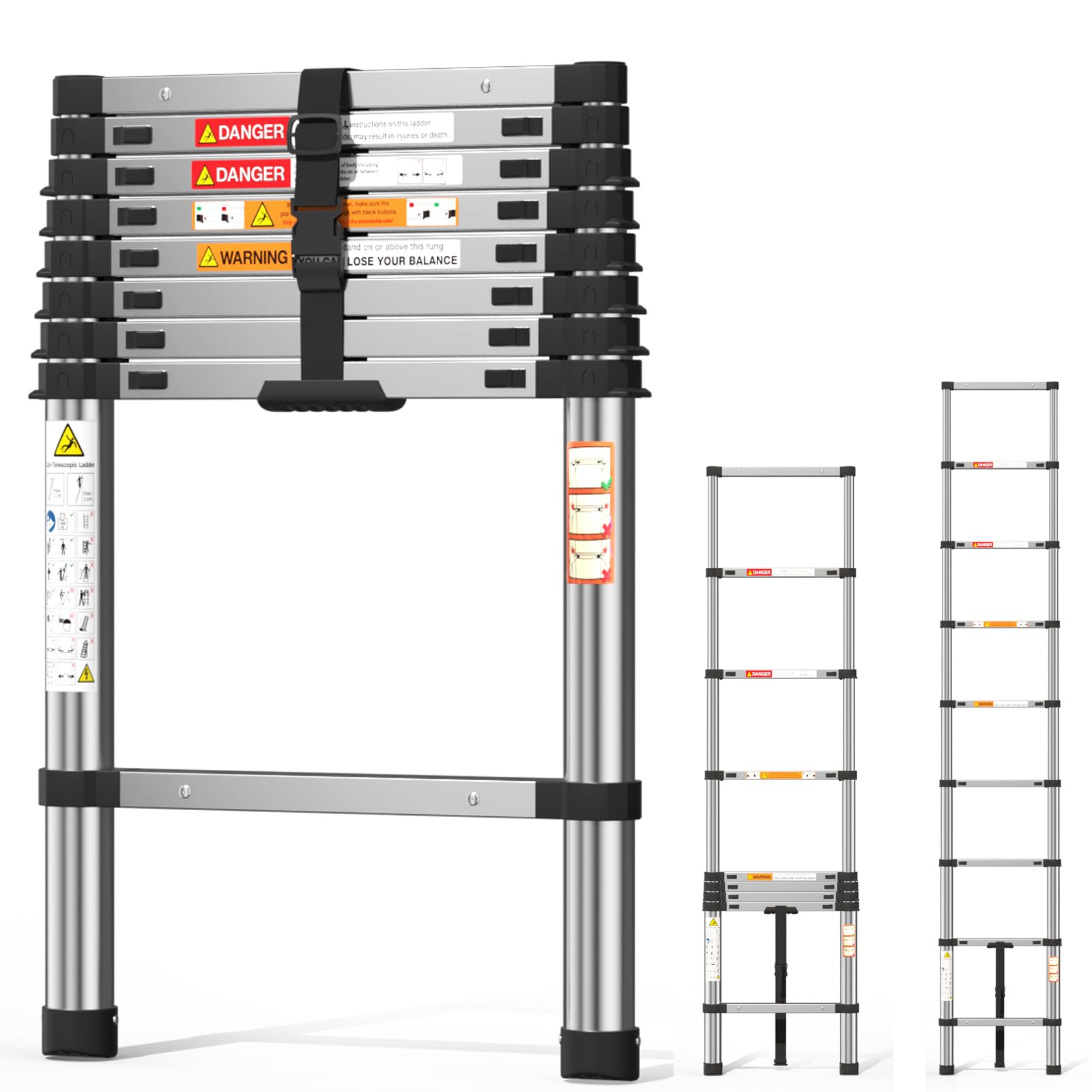 2.59M Straight Ladder 8.7FT Extendable Ladder Steel Telescoping Ladder Portable Step Ladders Max Load 150KG Capacity, More Sturdy and Durable than other