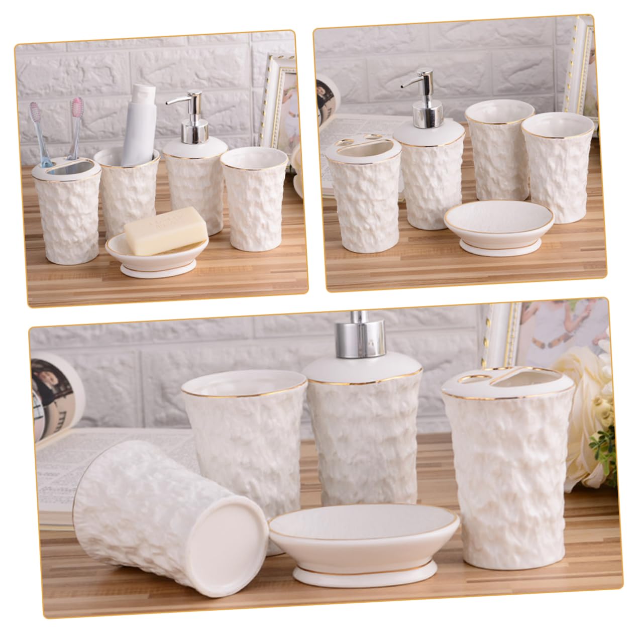 Cabilock Jabonera y Portacepillos De Cerámica Árbol De Pizarra Textura Dispensador De Jabón para Baño Vaso para Cepillo De Dientes Estilo Rústico Accesorios De Baño para Cocina