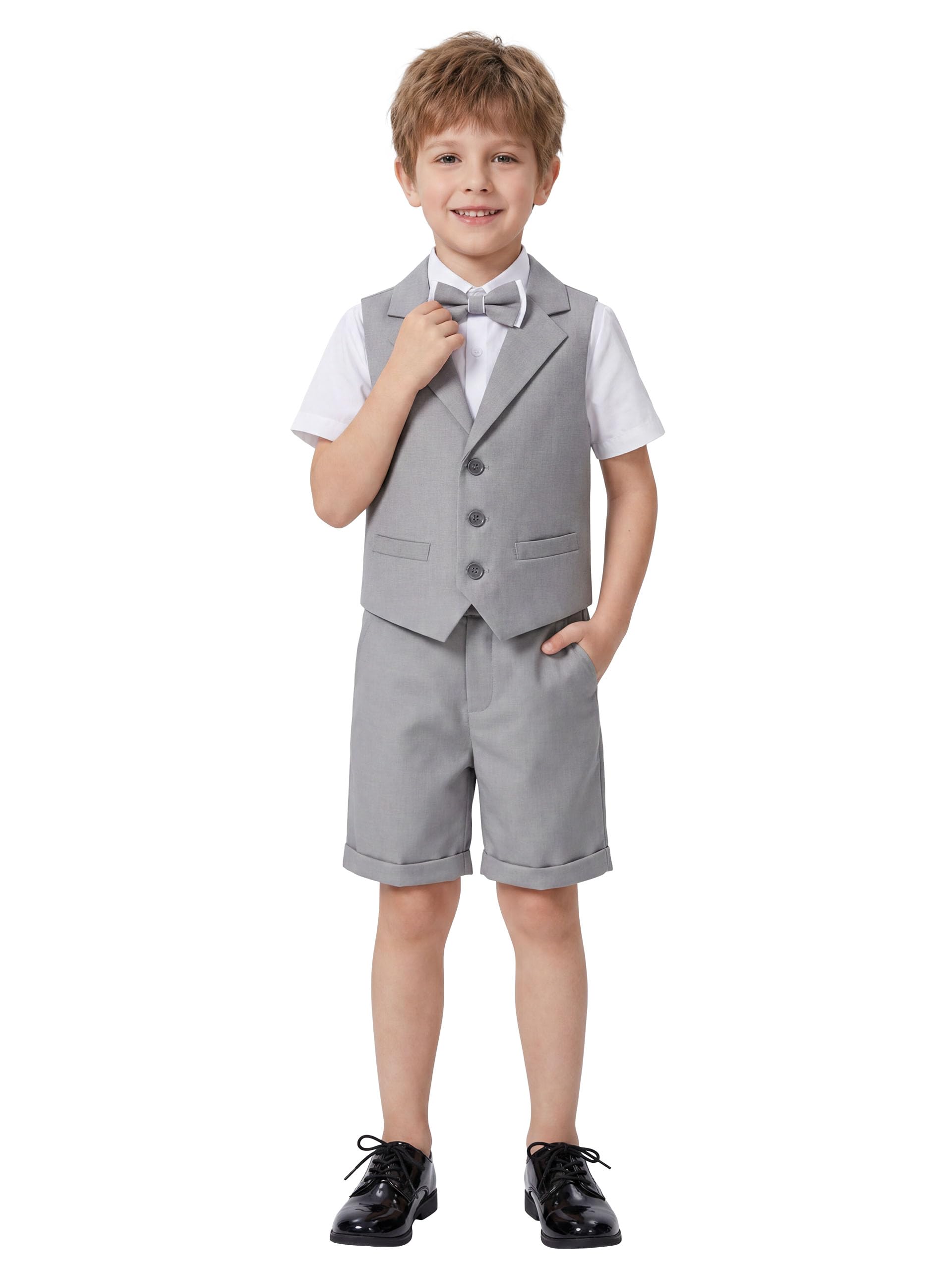 LOLANTA Chaleco de esmoquin para niños, traje de portador de anillos de boda, 4 piezas, vestido, ropa, chaleco, camisa, pantalones cortos, pajarita
