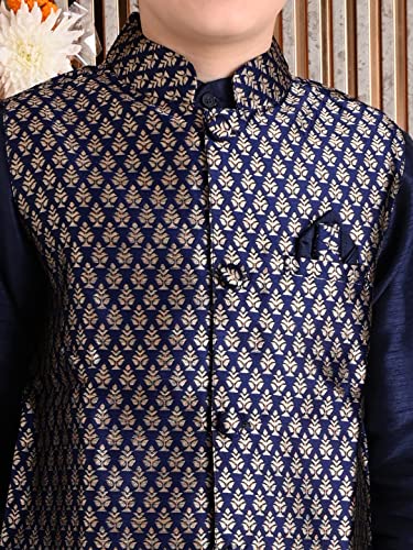Image of LILPICKS Boys Solid Kurta Pyjama Set with Printed Nehru Jacket (Blue Golden)
