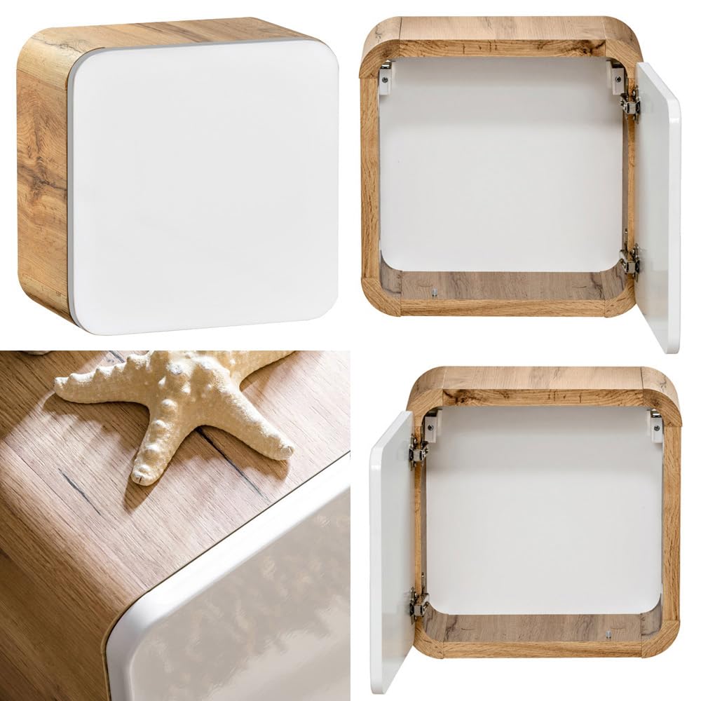 Lomadox Badezimmermöbel Set Hochglanz weiß mit Wotan Eiche Nb., 61 cm Waschtischunterschrank mit Keramik-Waschtisch, LED-Spiegelschrank & 3 Hängeschränke