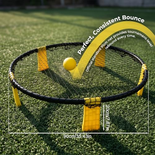 Fesatccoz Profi Roundnet Set für Draußen Stabiles Outdoor Spieleset für Garten und Strand Tragbares Ballspiel für Erwachsene und Kinder inklusive Netz 2 Bälle Pumpe und Tasche Gelb