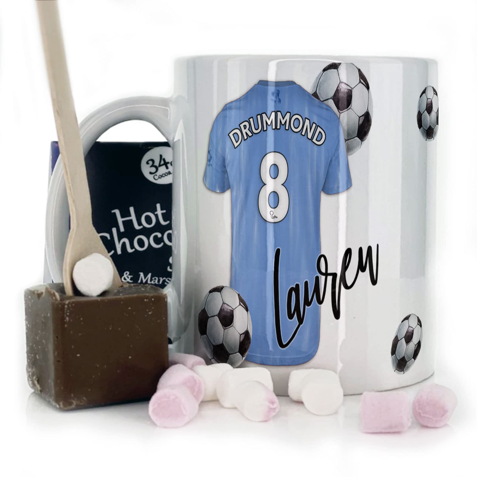 Personalised Mug and Belgian Milk Chocolate/Hot Chocolate Stirrer Marshmallow Gift Set, Customised with Name / Number / Text, (11oz) Happy Birthday Mug with Light Blue Football Shirt, Football Mug