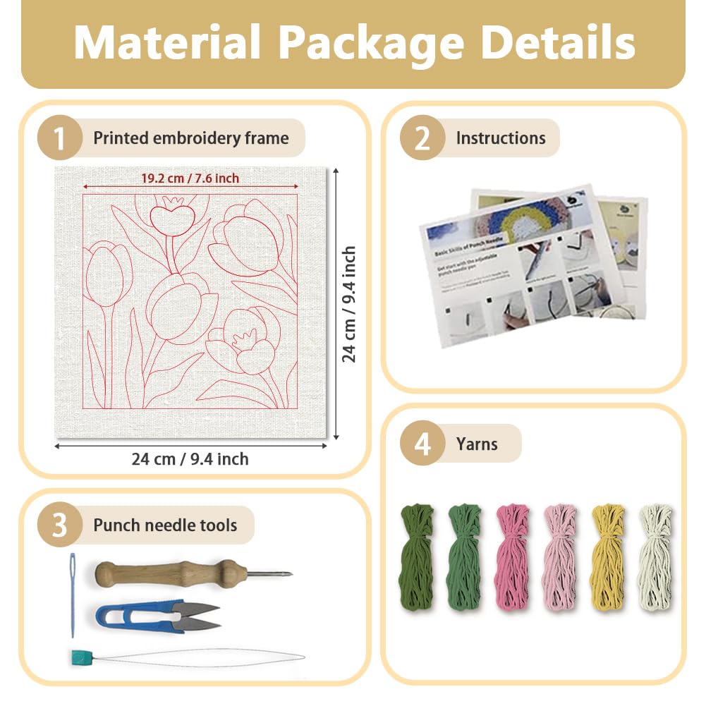 DOODLREAM Tulips DIY Punch Needle Embroidery Kit for Adult Beginner 24cm Flower Punch Stitching Craft Set for Starter with Frame Fabric Pattern - Image 2