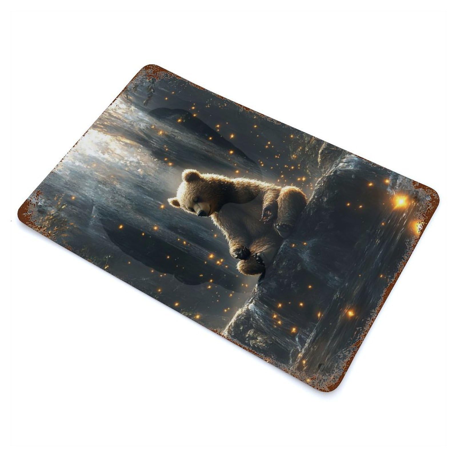 Bear Meditating Waterfall Rustic Tin Plaque 11.8"x7.9", Novelty Wall Decor for Garage, Pub Or Kitchen