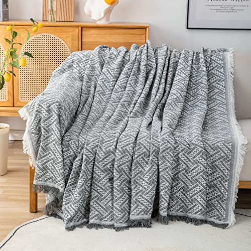 LHGOGO Sofa Überwurf aus Baumwolle | Waffle Jacquard Webart | Sofaüberwurf Decke als Couchbezug mit Fransen | Für Ecksofa, 2-Sitzer & als kuschelige Wohndecke, 180x230cm Hellgrau