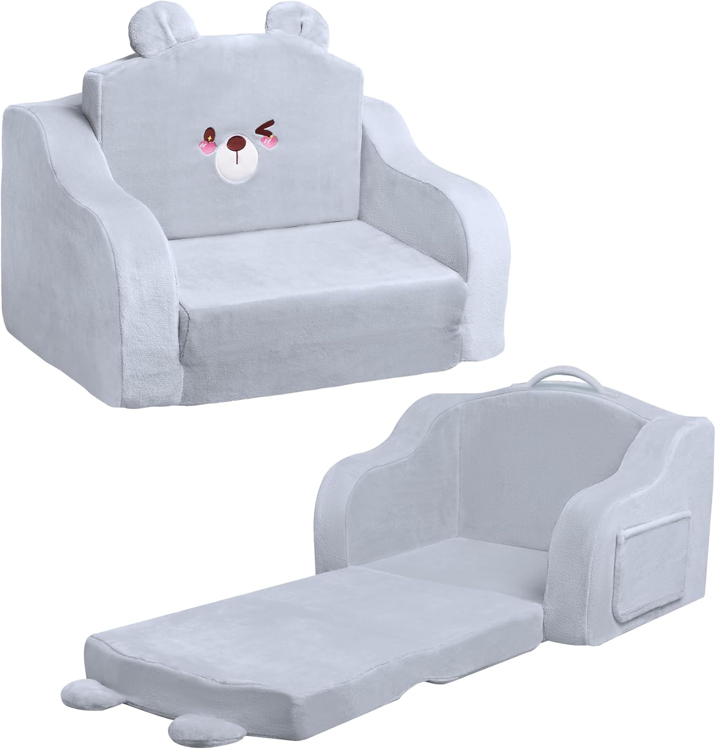 Kids Couch,Toddler Chairs Comfy 1-3 Years Old,2-in-1 Soft Toddler Couches That Fold Out,Convertible Sofa to Baby Couch Bed for Boys and Girls,Cuddly Kids Comfy Foam Chair for Playroom,Grey Bear