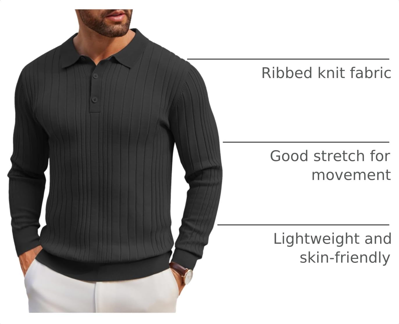 COOFANDY Long Sleeve Polo Shirts for Men Lightweight Knit Polo Sweater image 4