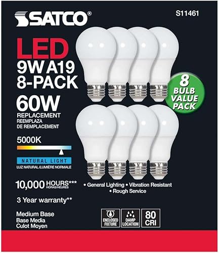 Miniatura 3 de Satco S11461 - Paquete económico de 8 bombillas LED A19 de 9 W, reemplazo de 60 W, blanco, 9 vatios