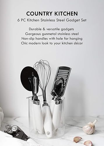 Miniatura 2 de Country Kitchen Juego de 6 piezas de utensilios esenciales de cocina de acero inoxidable, pistola negra de metal con asas negras suaves al tacto