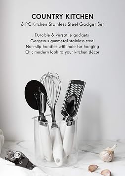 Country Kitchen 6 Pc Essentials Kitchen Stainless Steel Gadget Set Black Gun Metal with Soft Touch White Handles for Cooking