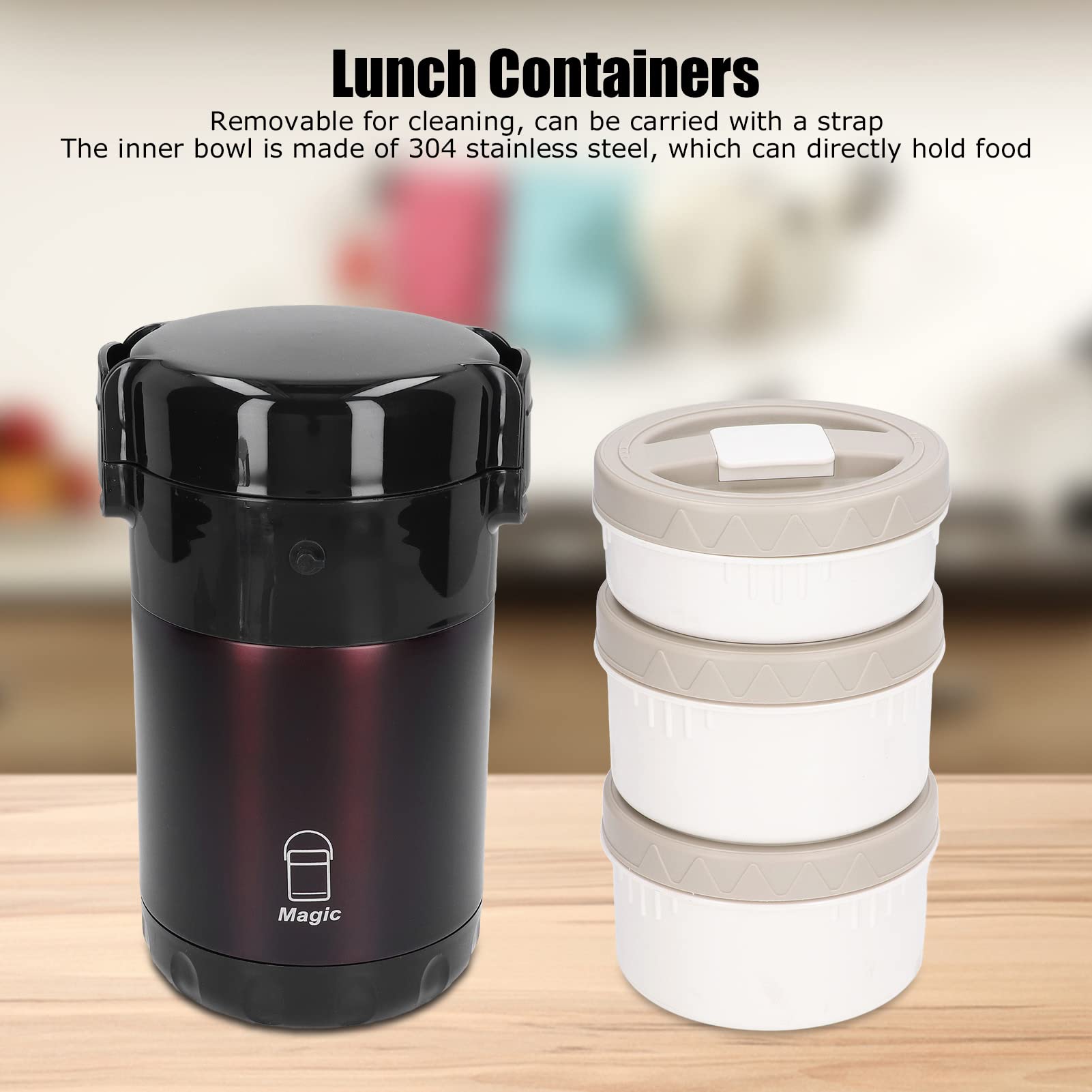Contenedores de Almuerzo con Aislamiento Capacidad 2.3L Bento Aislado de 3 Niveles Juego de Cubiertos portátil para Viajes de pícnic(Marrón prestigio)
