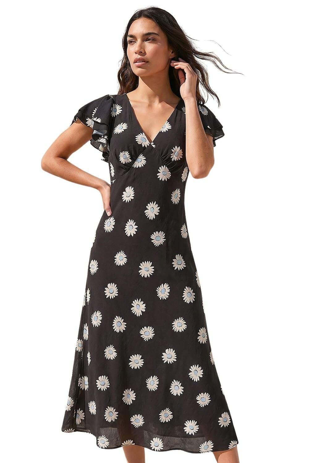 Roman Originals Women's Black Leaf Print Frill Midi Dress For Uk - Everyday Holiday Spring Summer V-Neckline Comfy Soft Evening Vacation Work Party - Size 12