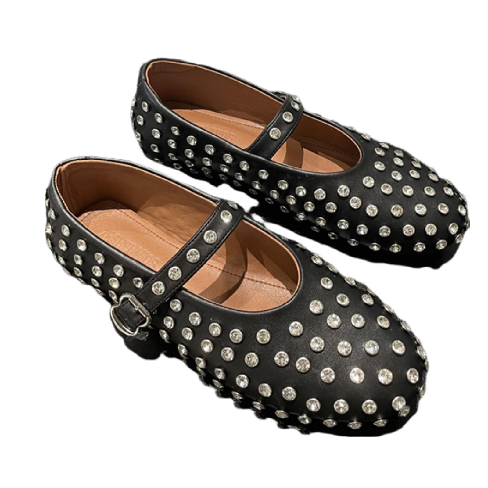 Ballerine da Donna con Strass, Ballerine Mary Jane con Punta Rotonda e Fibbia Scintillante, Ballerine Casual impreziosite con Borchie,Nero,36 EU