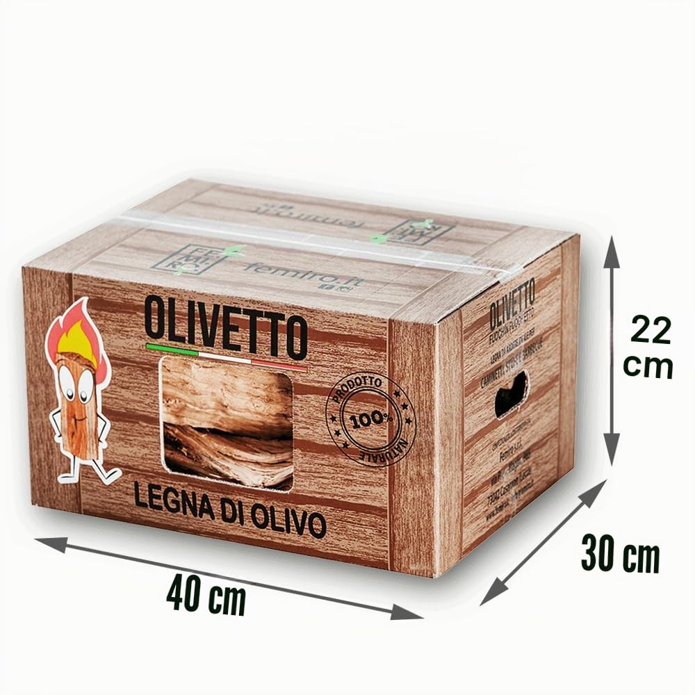 FE.MI.RO - 9 Scatole di Legna da Ardere di Ulivo da 10 kg per Camino, Stufa + 1 Scatola Legnetti Accendifuoco in Omaggio + Barretta Accendifuoco Naturale - Legna per Camino Pulita e Pronta all’Uso