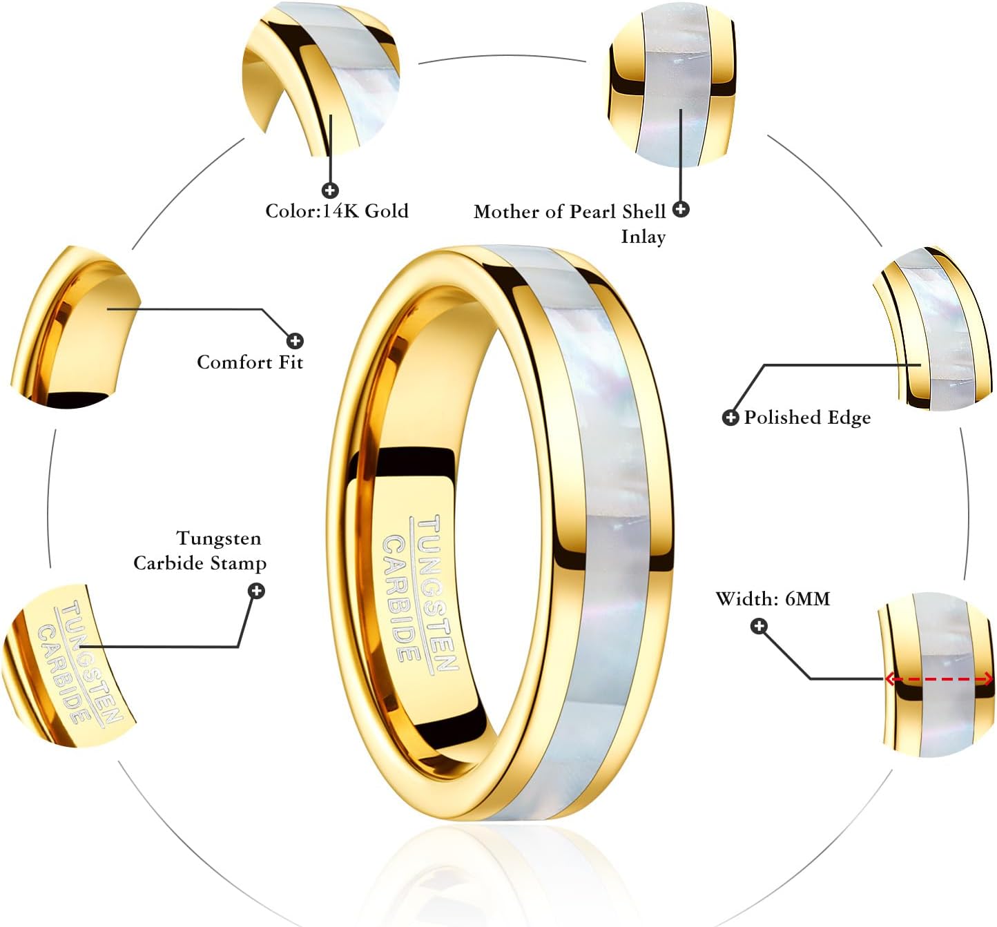 Vakki 4mm 6mm Womens Rose Gold Tungsten Carbide Ring with Mother of Pearl Shell/Marble Inlaid Wedding Band Comfort Fit Size 5-12 - Image 5