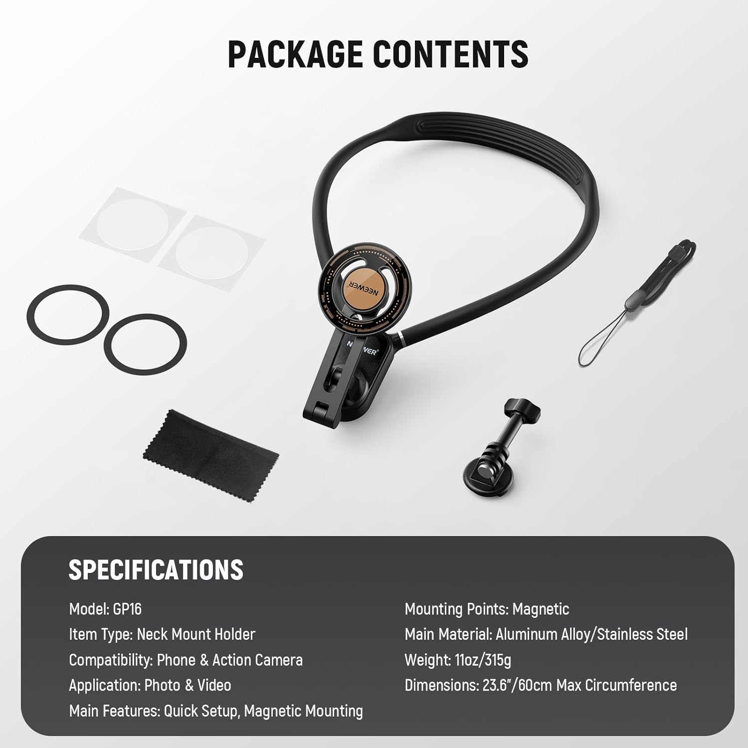 NEEWER Magnetic Neck Holder for Action Camera & Phone, Hands Free Tripod Chest Mount Compatible with GoPro DJI Insta360 Magsafe iPhone Android, Phone Holder for Video Recording POV Vlog, GP16