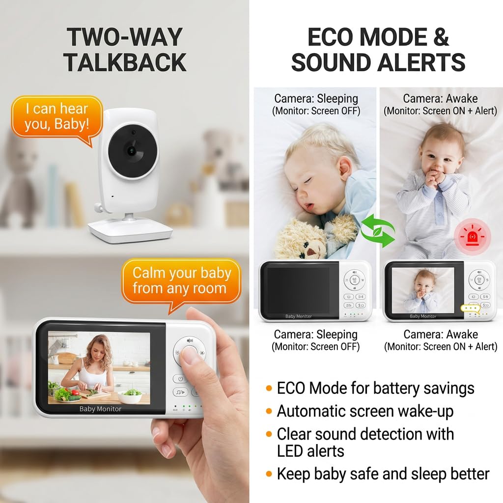 Baby Monitor con fotocamera e audio, display LCD da 3,2 pollici, visione notturna, sensore di temperatura, conversazione a 2 vie, ninne nanne, promemoria alimentazione, modalità ECO, connessione