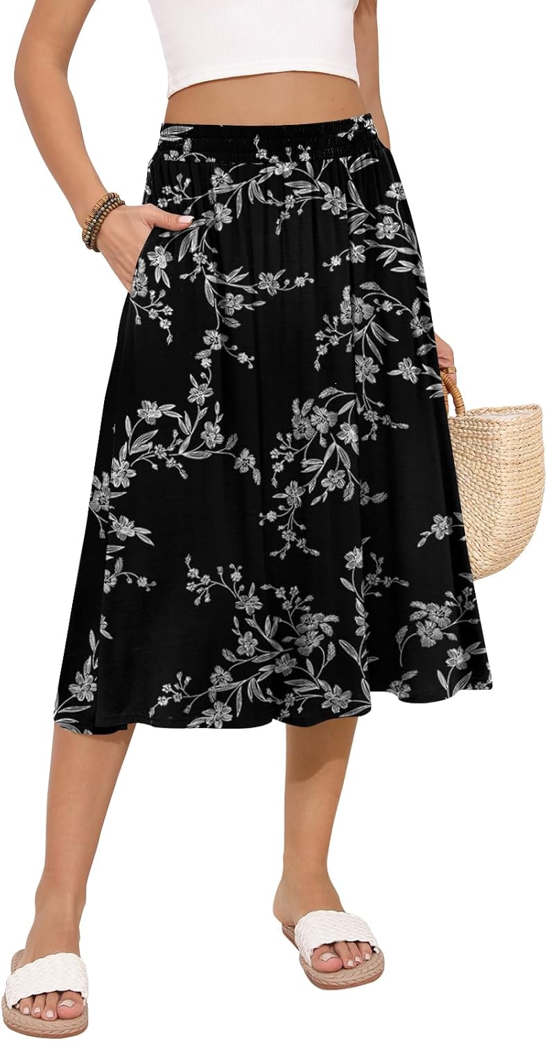 MLXSJ Women's Midi Skirt Summer Flowy Elastic High Waisted Casual Pleated Skirts with Pockets