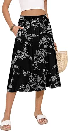 Women's Midi Skirt Summer Flowy Elastic High Waisted Casual Pleated Skirts with Pockets