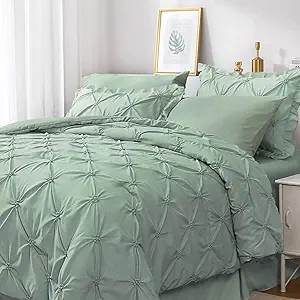 JOLLYVOGUE Green Twin Size Comforter Sets 5 Pieces, Pintuck Bed in a Bag Comforter Set for Bedroom, Bedding Comforter Sets with Comforter, Sheets,Ruffled Shams & Pillowcases