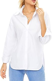 Womens Button Down V Neck Shirts Long Sleeve Blouse Roll Up Sleeve Casual Work Tops